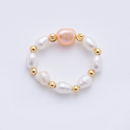 18K Gold Filled Freshwater Pearl Bead Handmade Stretch Ring | O-055