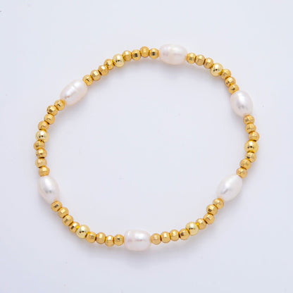 18K Gold Filled Freshwater Pearl Stretch Textured Bead Bracelet | WA-3505 ~ WA-3516