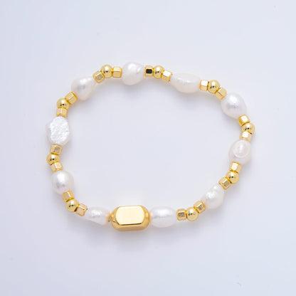 18K Gold Filled Freshwater Pearl Stretch Textured Bead Bracelet | WA-3505 ~ WA-3516