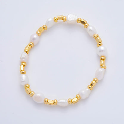 18K Gold Filled Freshwater Pearl Stretch Textured Bead Bracelet | WA-3505 ~ WA-3516