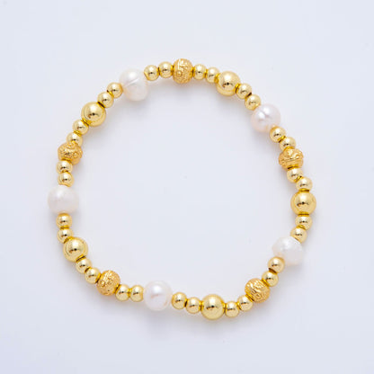 18K Gold Filled Freshwater Pearl Stretch Textured Bead Bracelet | WA-3505 ~ WA-3516