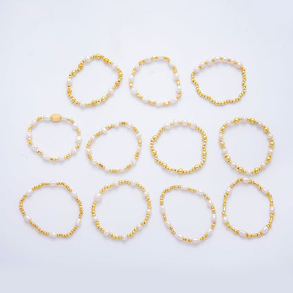 18K Gold Filled Freshwater Pearl Stretch Textured Bead Bracelet | WA-3505 ~ WA-3516