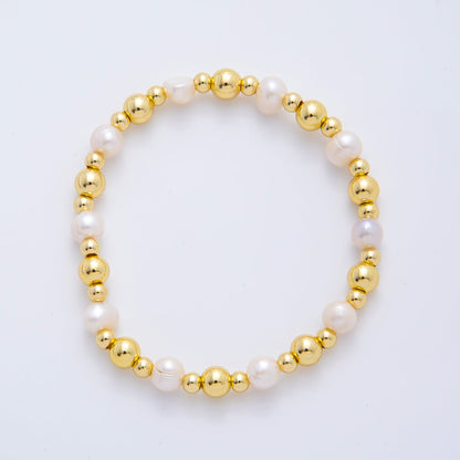 18K Gold Filled Freshwater Pearl Stretch Textured Bead Bracelet | WA-3505 ~ WA-3516
