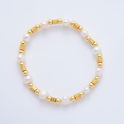 18K Gold Filled Freshwater Pearl Stretch Textured Bead Bracelet | WA-3505 ~ WA-3516