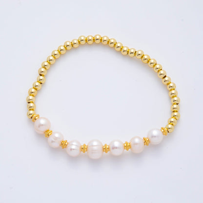 18K Gold Filled Freshwater Pearl Stretch Textured Bead Bracelet | WA-3505 ~ WA-3516