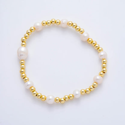 18K Gold Filled Freshwater Pearl Stretch Textured Bead Bracelet | WA-3505 ~ WA-3516