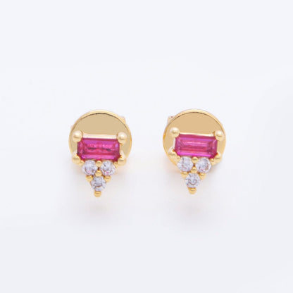 18K Gold Filled Fuchsia Baguette Clear CZ Cluster Triangle Dainty Stud Earrings | AJ216