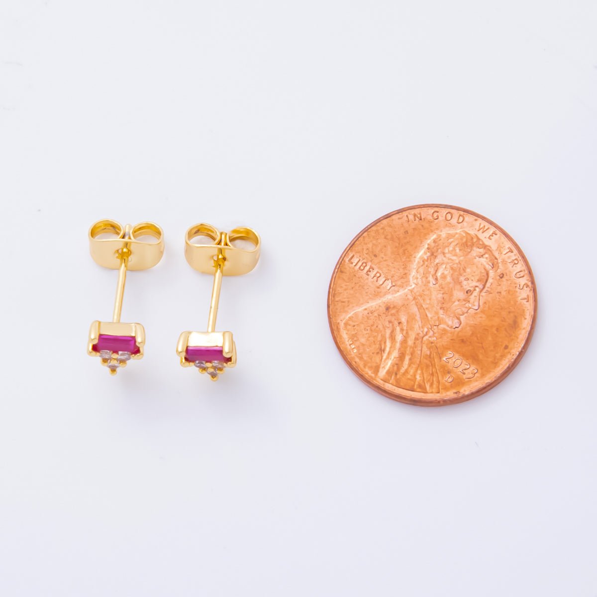 18K Gold Filled Fuchsia Baguette Clear CZ Cluster Triangle Dainty Stud Earrings | AJ216