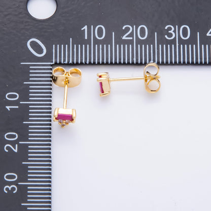 18K Gold Filled Fuchsia Baguette Clear CZ Cluster Triangle Dainty Stud Earrings | AJ216