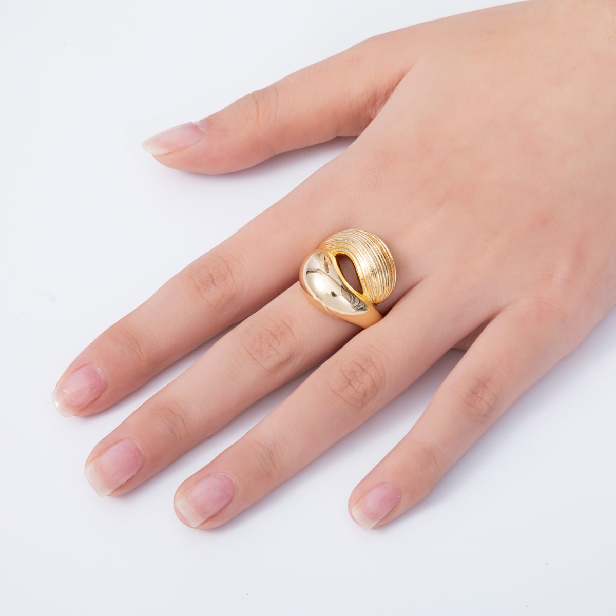 18K Gold Filled Geometric Double Molten Ribbed Statement Ring | Rings-00054