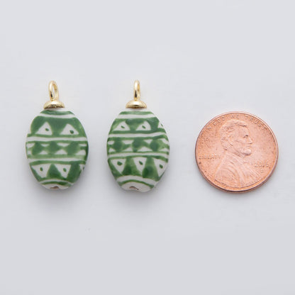 18K Gold Filled Green Artisan Oval Ceramic Drop Charm | X637