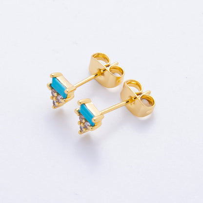 18K Gold Filled Green &amp; Blue Baguette CZ Geometrical Stud Earrings | AJ214 AJ215