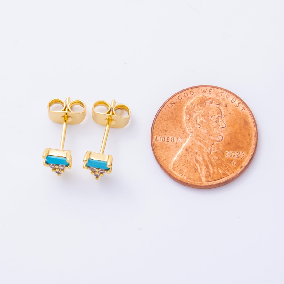 18K Gold Filled Green &amp; Blue Baguette CZ Geometrical Stud Earrings | AJ214 AJ215