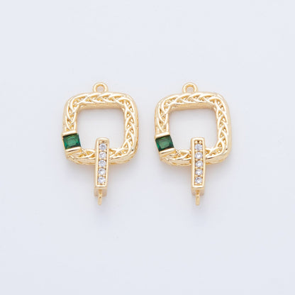 18K Gold Filled Green, Blue CZ Micro Paved Intertwine Square Closure Findings Set | Y047
