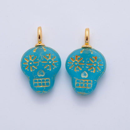 18K Gold Filled Green, Clear, Blue Gold-Lined Skull Dia de los Muertos Drop Charm | A723 AF724