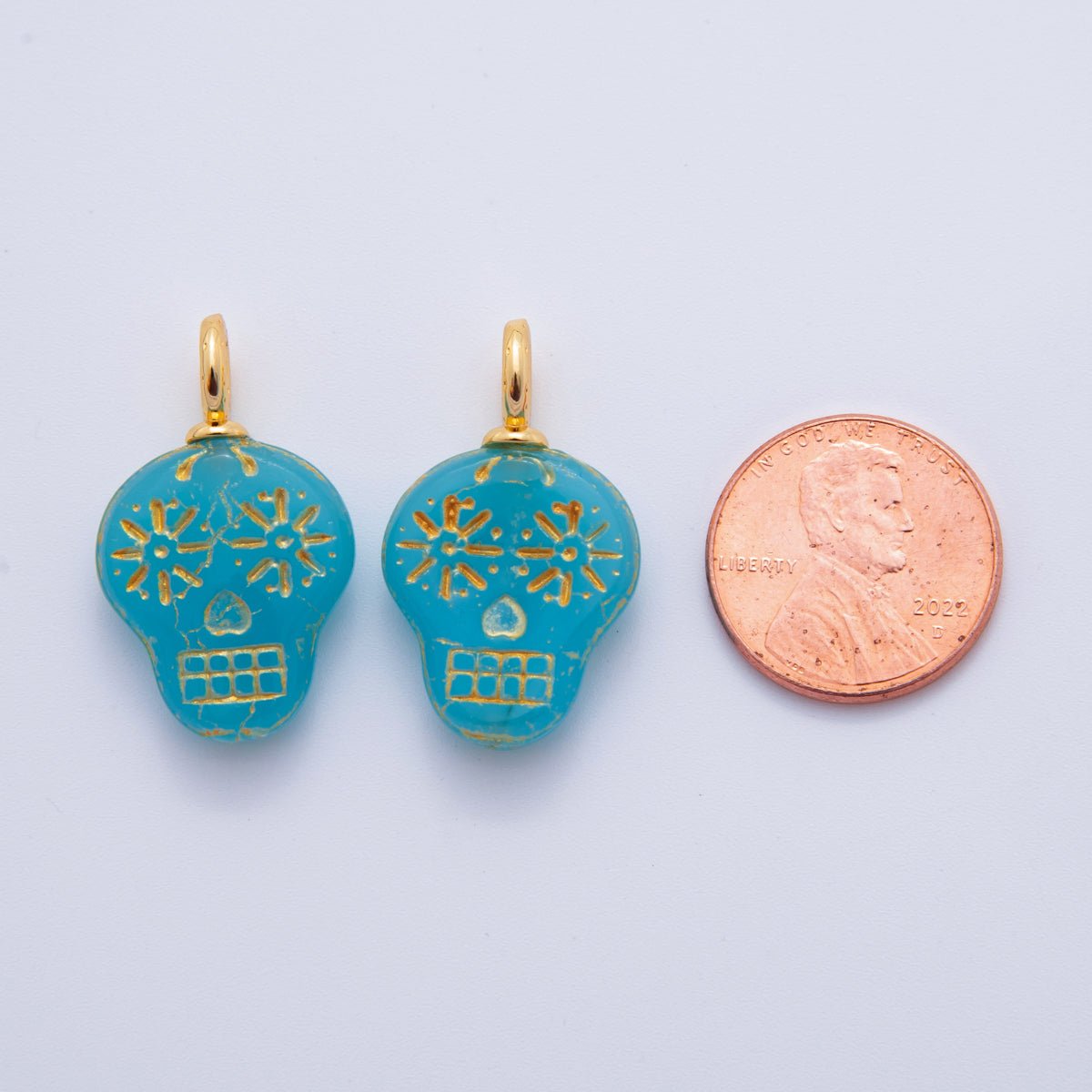 18K Gold Filled Green, Clear, Blue Gold-Lined Skull Dia de los Muertos Drop Charm | A723 AF724