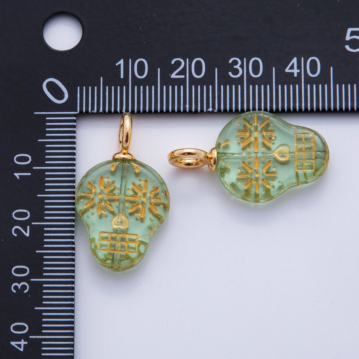 18K Gold Filled Green, Clear, Blue Gold-Lined Skull Dia de los Muertos Drop Charm | A723 AF724