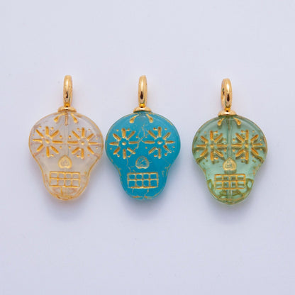 18K Gold Filled Green, Clear, Blue Gold-Lined Skull Dia de los Muertos Drop Charm | A723 AF724