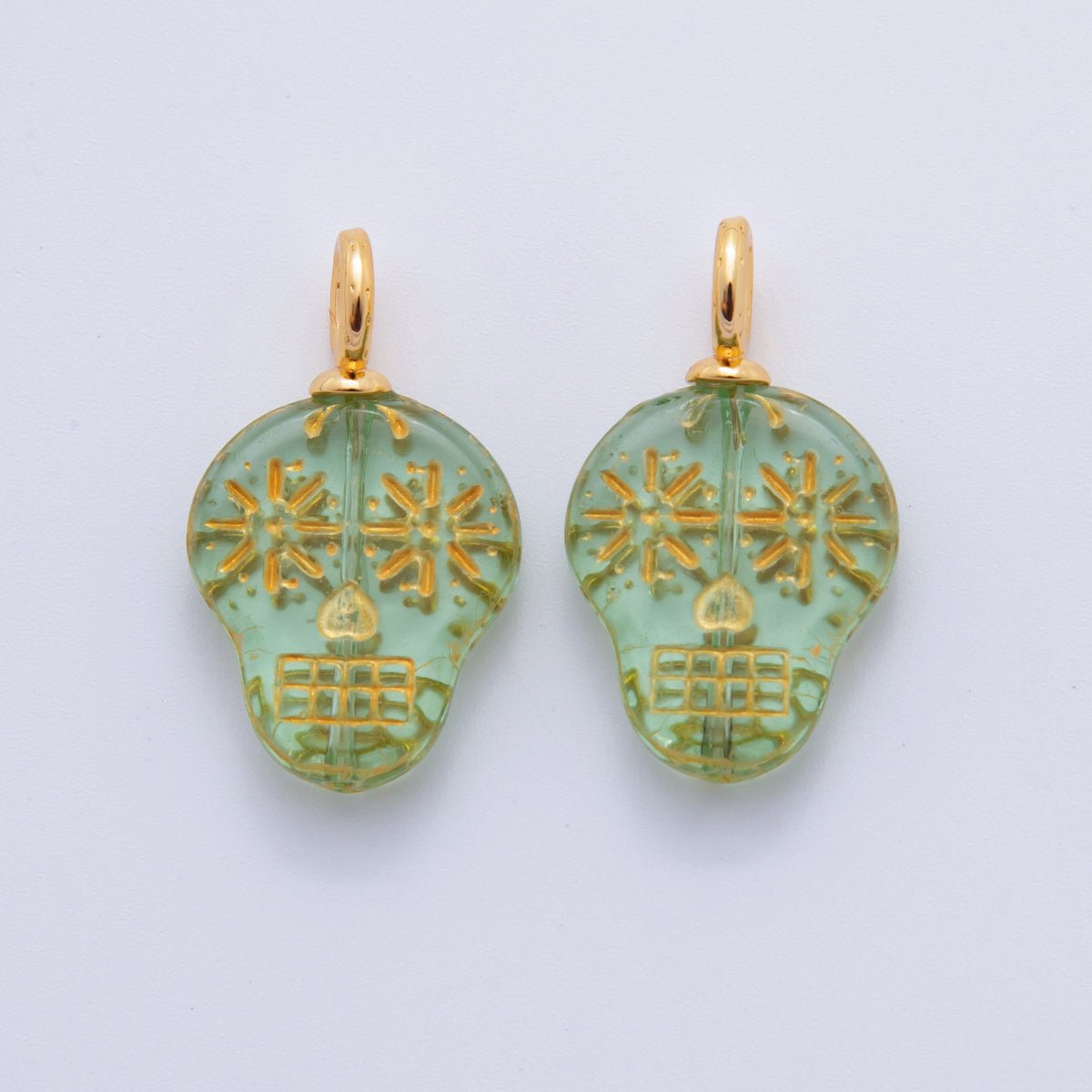 18K Gold Filled Green, Clear, Blue Gold-Lined Skull Dia de los Muertos Drop Charm | A723 AF724