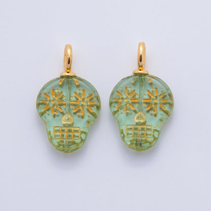 18K Gold Filled Green, Clear, Blue Gold-Lined Skull Dia de los Muertos Drop Charm | A723 AF724