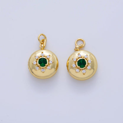 18K Gold Filled Green CZ Celestial Sun Round Locket Charm | AF312