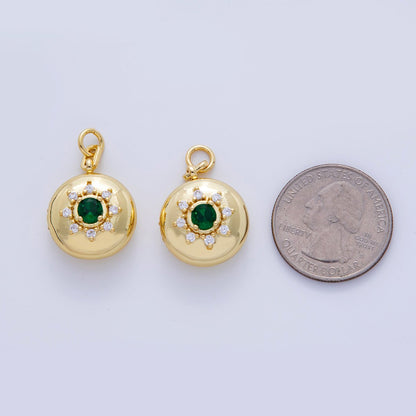 18K Gold Filled Green CZ Celestial Sun Round Locket Charm | AF312