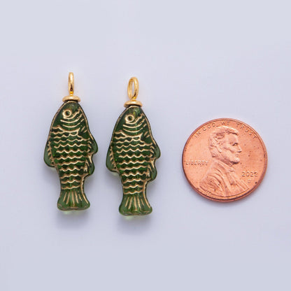 18K Gold Filled Green Gold Scaled Acrylic Multidimensional 3D Fish Drop Charm | AF296