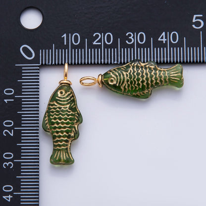 18K Gold Filled Green Gold Scaled Acrylic Multidimensional 3D Fish Drop Charm | AF296