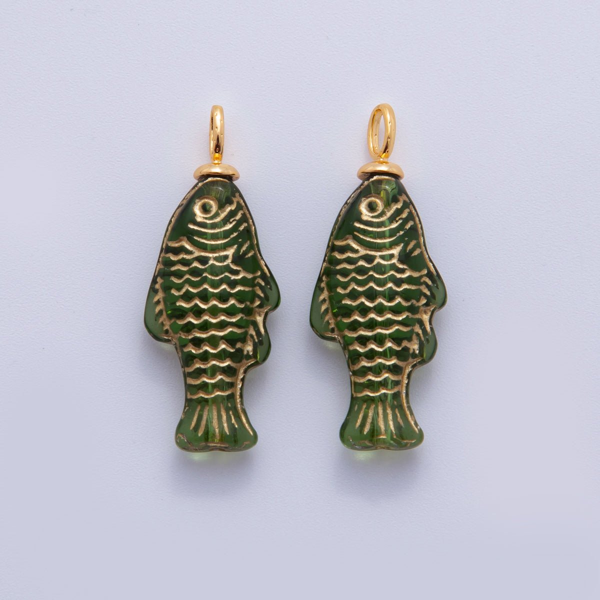 18K Gold Filled Green Gold Scaled Acrylic Multidimensional 3D Fish Drop Charm | AF296