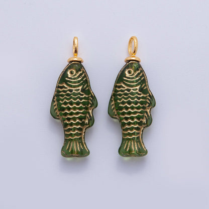 18K Gold Filled Green Gold Scaled Acrylic Multidimensional 3D Fish Drop Charm | AF296