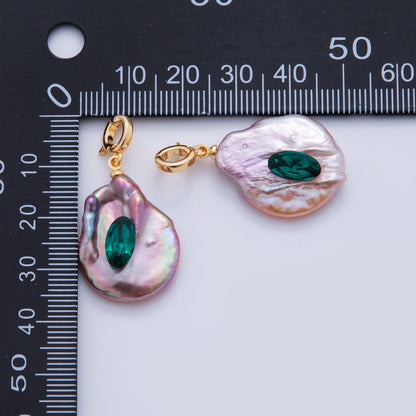 18K Gold Filled Green Oval CZ Pink Freshwater Pearl Snap Latch Rhondelle Drop Pendant | AH702
