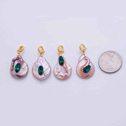 18K Gold Filled Green Oval CZ Pink Freshwater Pearl Snap Latch Rhondelle Drop Pendant | AH702