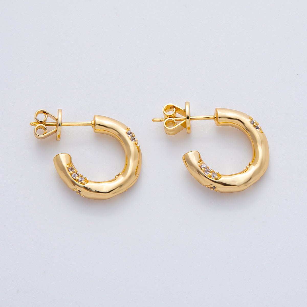 18K Gold Filled Hammered Micro Pave CZ 23mm C-Shaped Hoops Earrings | AD1602