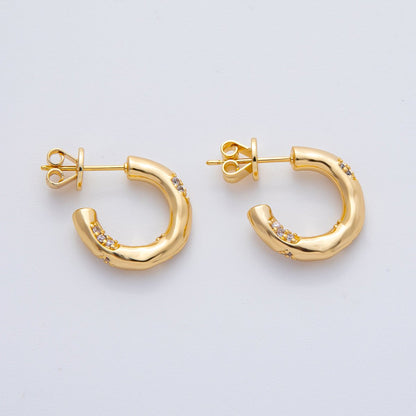 18K Gold Filled Hammered Micro Pave CZ 23mm C-Shaped Hoops Earrings | AD1602