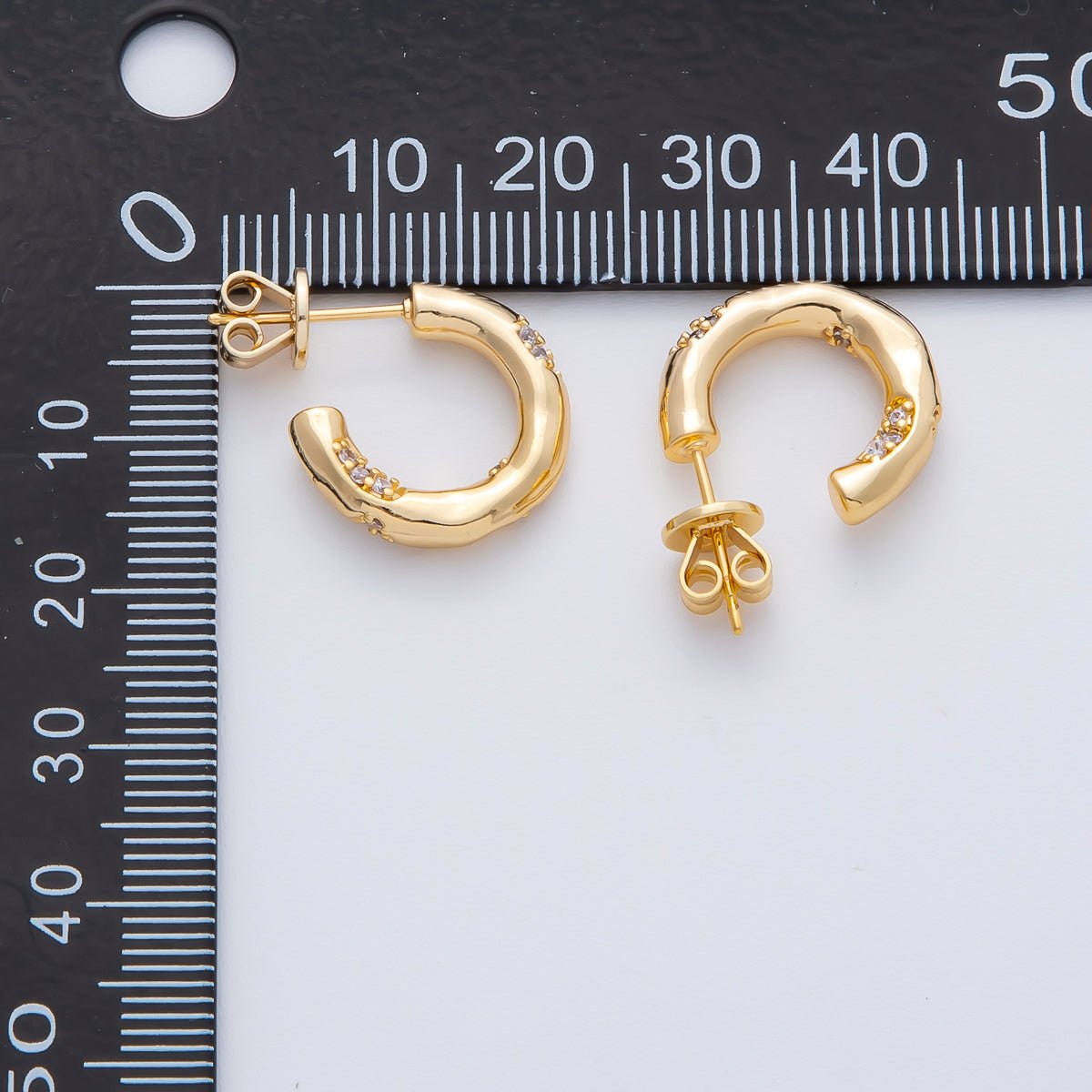 18K Gold Filled Hammered Micro Pave CZ 23mm C-Shaped Hoops Earrings | AD1602