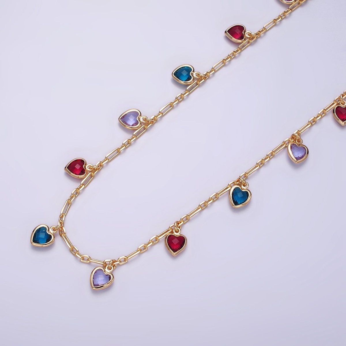 18K Gold Filled Heart CZ Multicolor Multifaceted Drop Cable Paperclip Unfinished Chain For Jewelry Making | ROLL-1429 Clearance Pricing