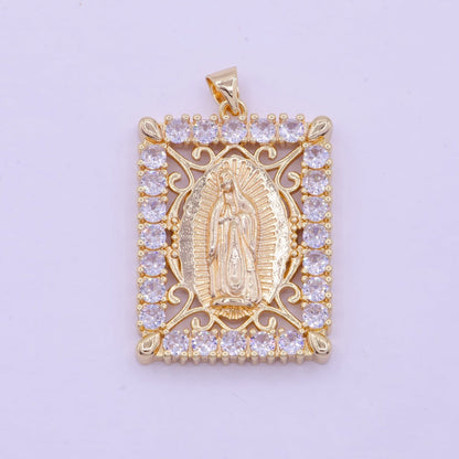 18K Gold Filled Lady Guadalupe Pendant Micro Pave Medallion Virgin Mary Rectangle Tag Catholic Jewelry Pendant X-461