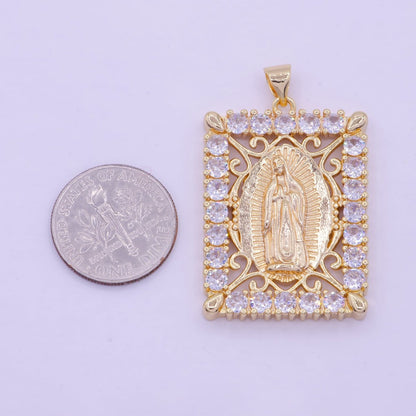 18K Gold Filled Lady Guadalupe Pendant Micro Pave Medallion Virgin Mary Rectangle Tag Catholic Jewelry Pendant X-461