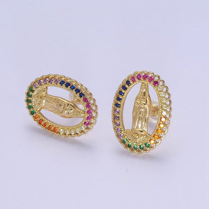 18K Gold Filled Lady Guadalupe Stud Earring with Clear Rainbow Cubic Zirconia V-102 V-103