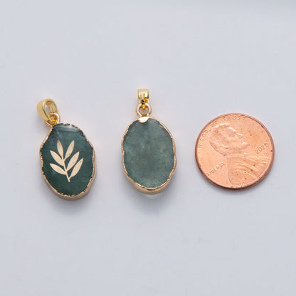 18K Gold Filled Leaf Green Aventurine Oblong Pendant | AH697