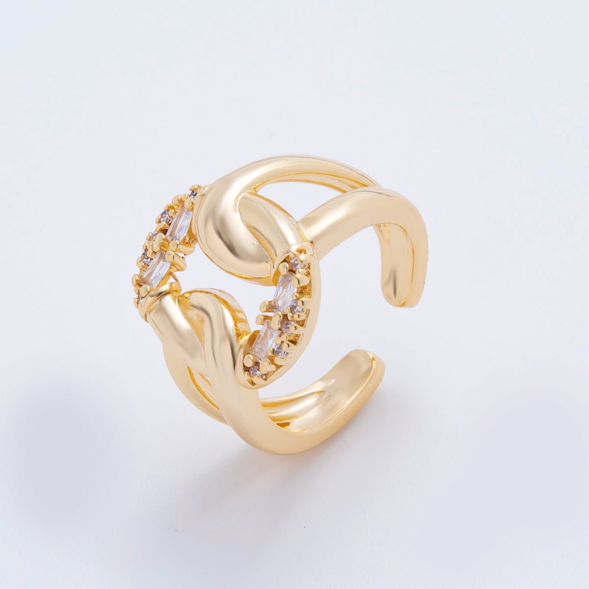 18K Gold Filled Micro Paved &amp; Baguette CZ Eclipse Loop Knot Open Ring | O109