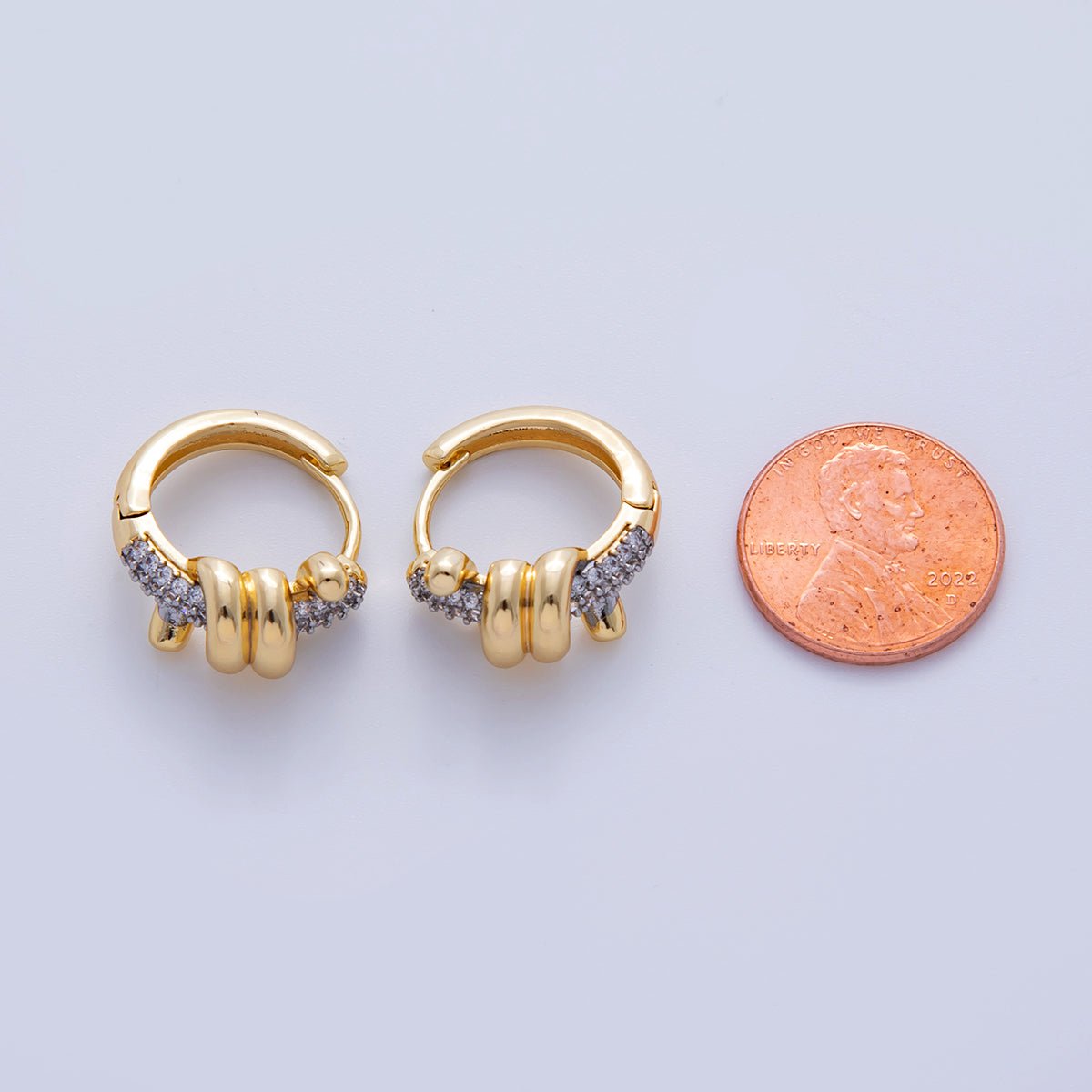 18K Gold Filled Micro Paved Coil Band Mixed Metal Huggie Earrings | AI347