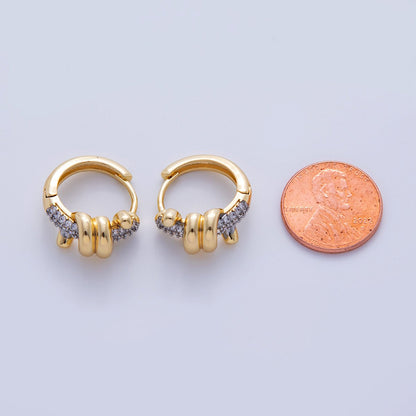 18K Gold Filled Micro Paved Coil Band Mixed Metal Huggie Earrings | AI347