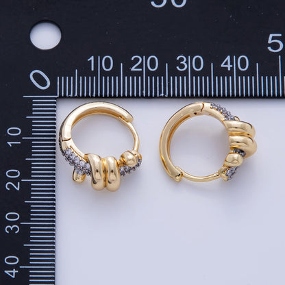 18K Gold Filled Micro Paved Coil Band Mixed Metal Huggie Earrings | AI347