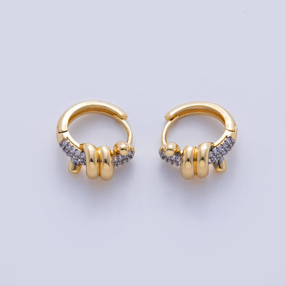 18K Gold Filled Micro Paved Coil Band Mixed Metal Huggie Earrings | AI347