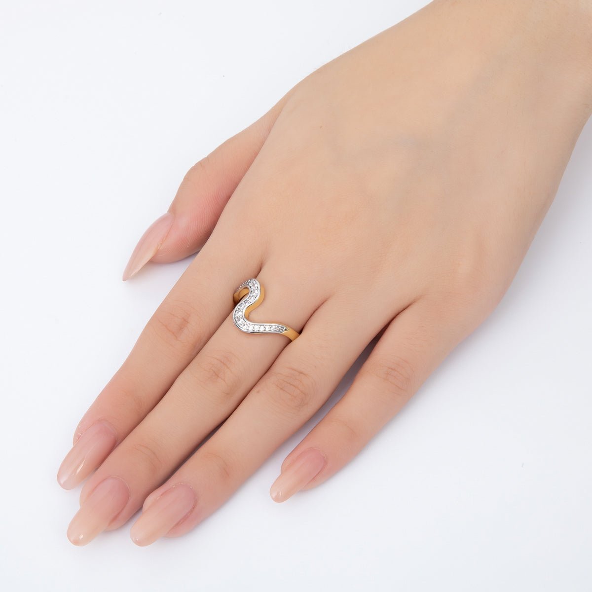 18K Gold Filled Micro Paved CZ Curved Wave Adjustable Ring in Gold &amp; Two-Toned | O-2169