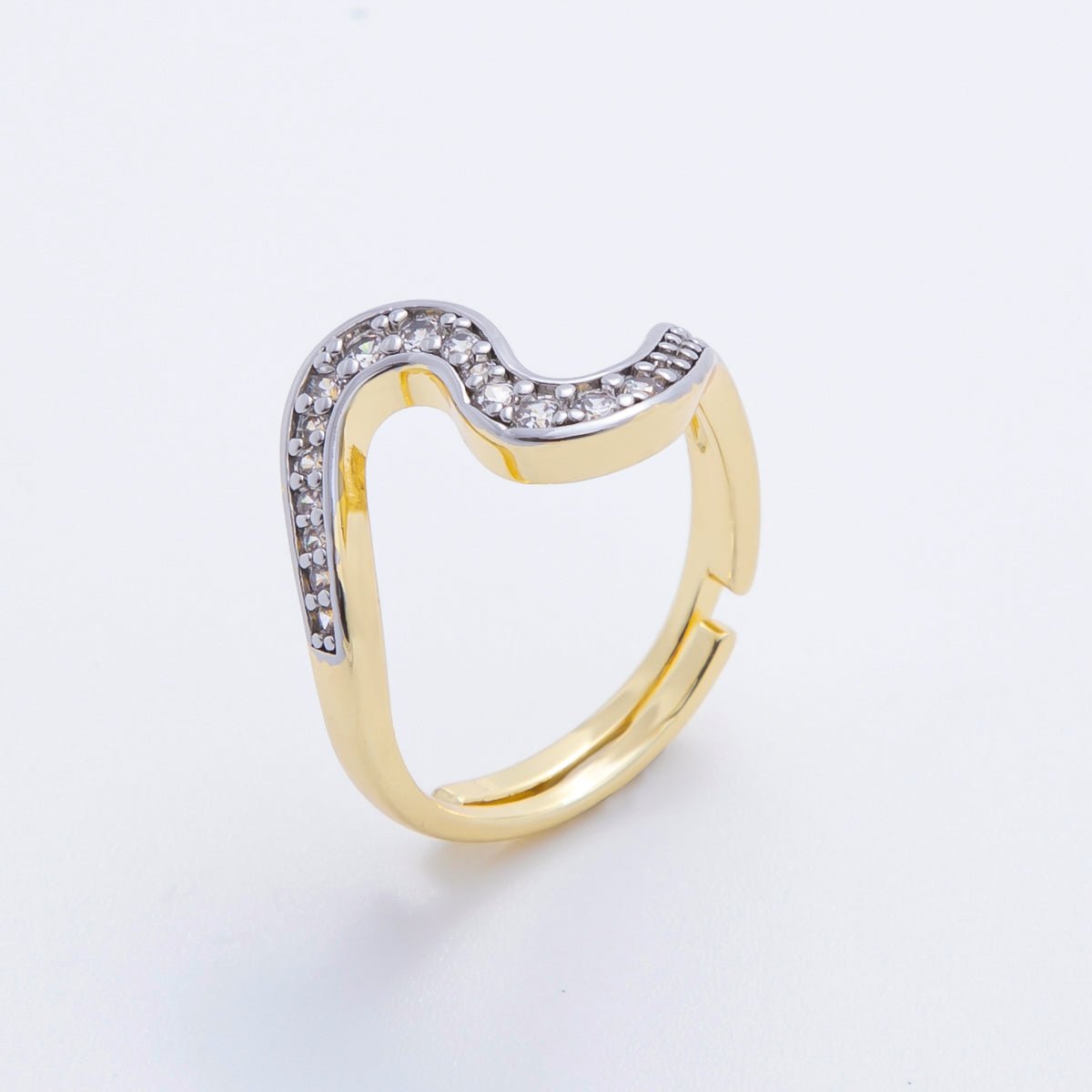 18K Gold Filled Micro Paved CZ Curved Wave Adjustable Ring in Gold &amp; Two-Toned | O-2169