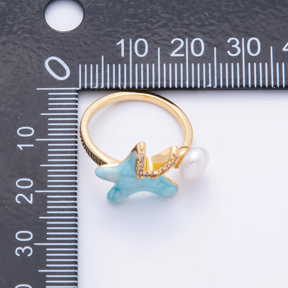 18K Gold Filled Micro Paved CZ Shell Pearl Blue Enamel Starfish Ring | O-00014