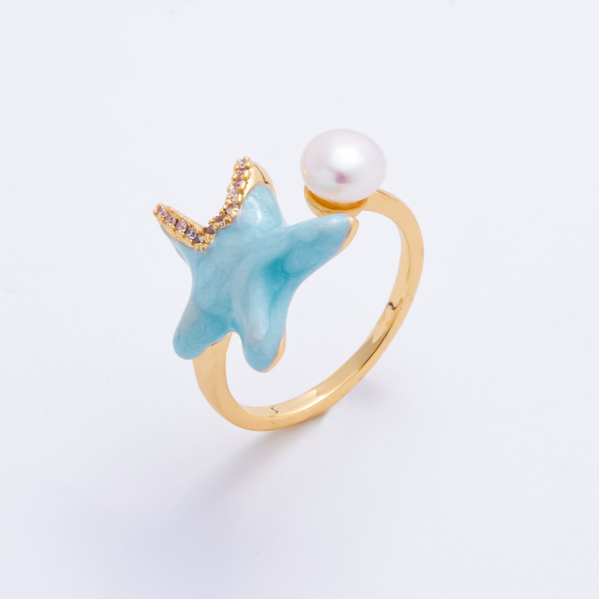18K Gold Filled Micro Paved CZ Shell Pearl Blue Enamel Starfish Ring | O-00014