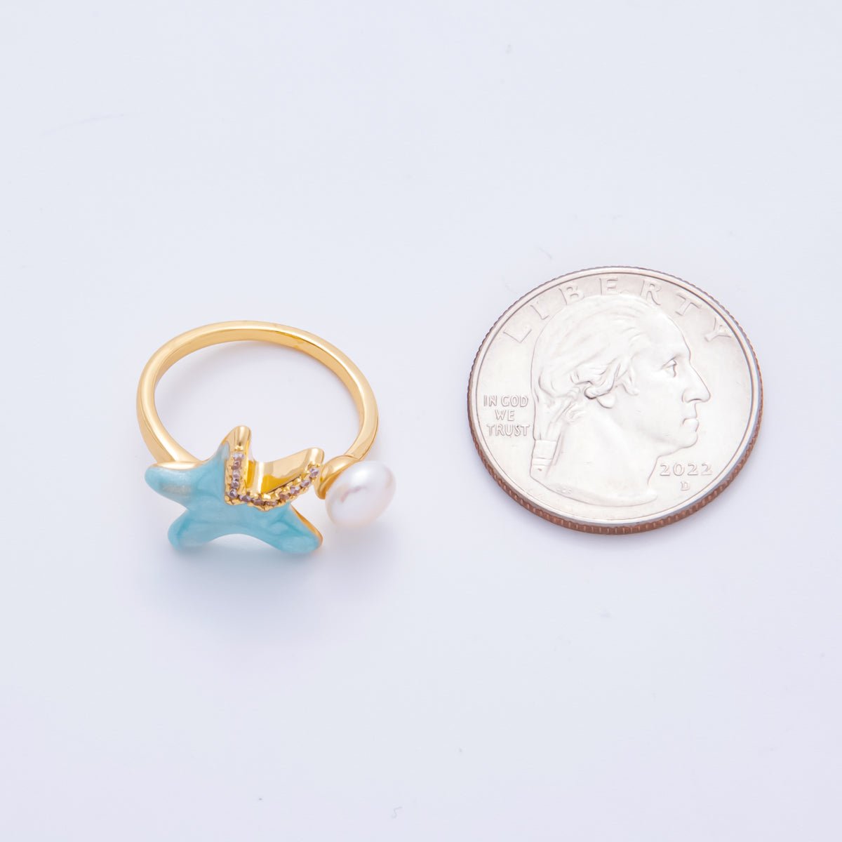 18K Gold Filled Micro Paved CZ Shell Pearl Blue Enamel Starfish Ring | O-00014